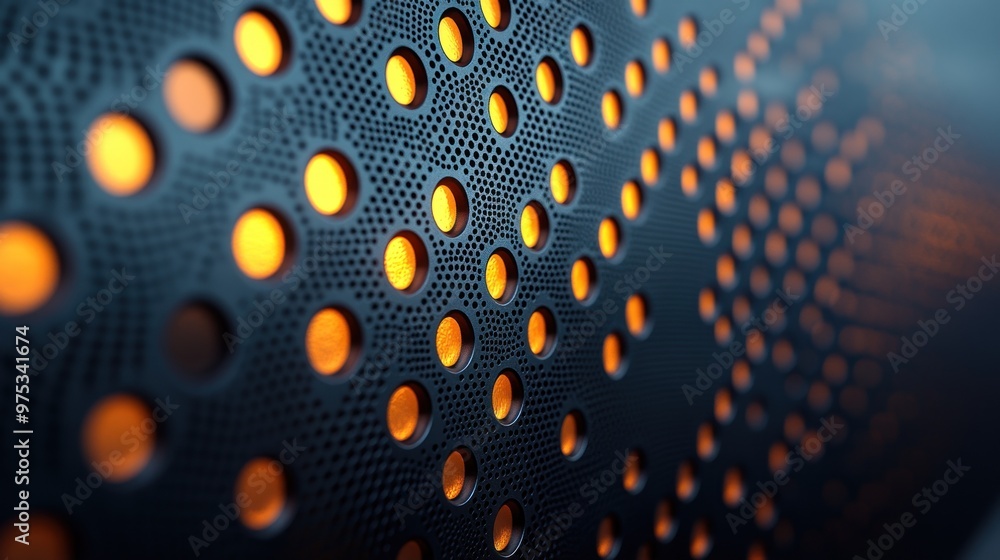 Poster close-up of a textured surface with illuminated perforations.