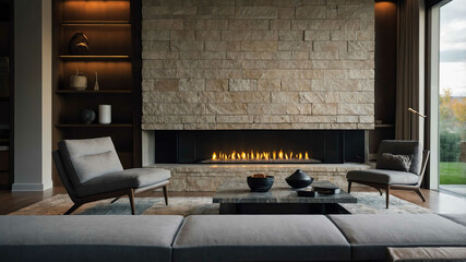 Modern gas fireplace set in a sleek stone wall in a luxury home