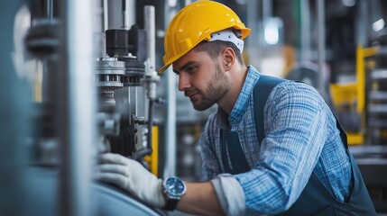 An engineer wearing a uniform and helmet uses artificial intelligence technology to monitor equipment in green energy factory facilities