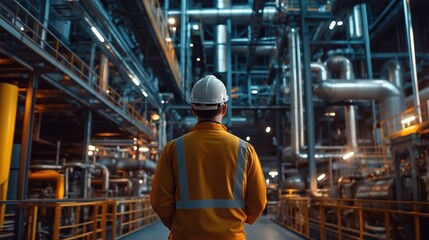 An engineer wearing a uniform and helmet uses artificial intelligence technology to monitor equipment in green energy factory facilities