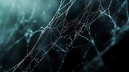 A spider web covered in dew drops with a blurry background, a dark and moody tone.