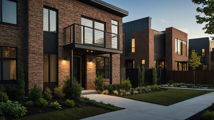 Obraz premium Modern suburban townhouse with brick and metal accents