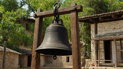 Fototapeta premium Old iron bell hanging from a wooden frame in a village square