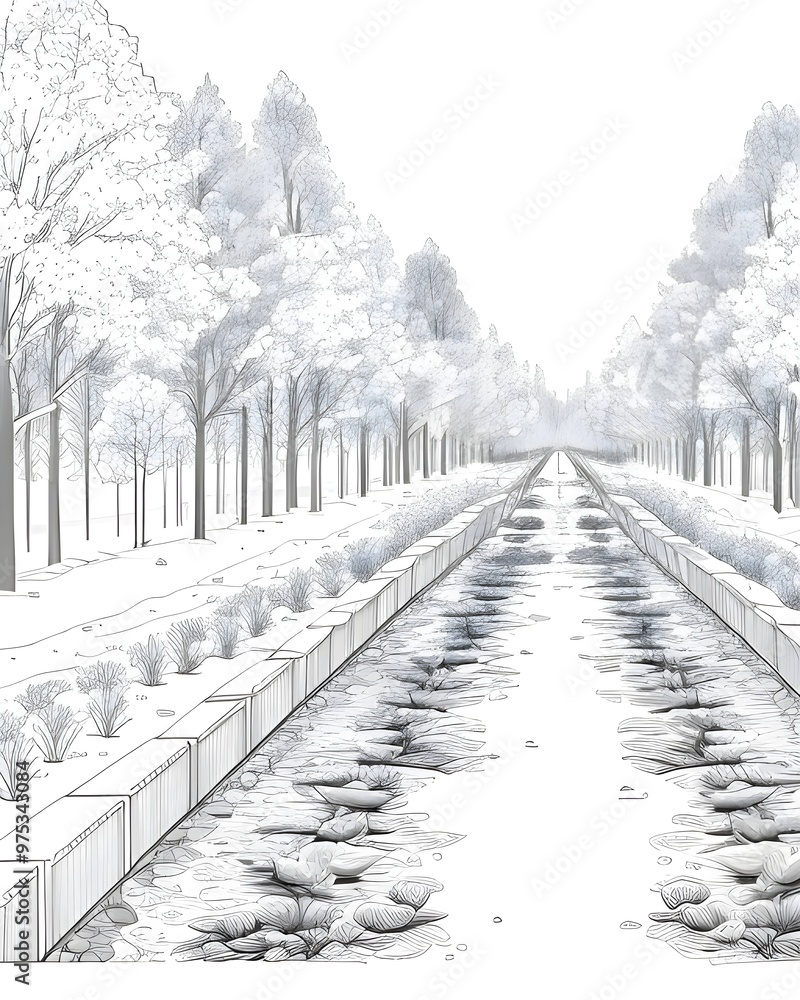 Poster a drawing of a line of trees with a fence in the middle.