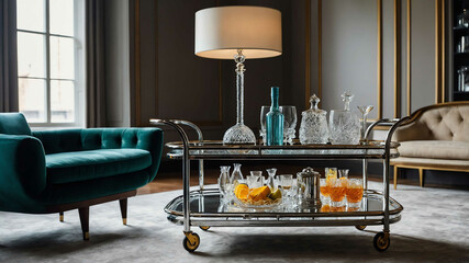 Polished chrome bar cart with designer glassware in a luxury living room