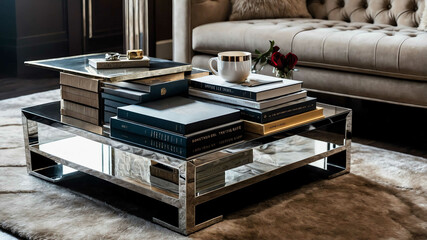 Polished chrome coffee table with designer books in a luxury living room