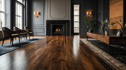 Fototapeta premium Polished wooden floors with a modern area rug in a luxury dining room