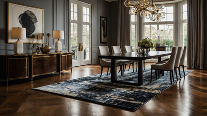 Polished wooden floors with a modern area rug in a luxury dining room