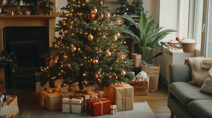 Obraz premium Decorated Christmas tree with presents under it in a cozy living room.