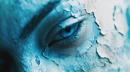 Obraz premium Captivating close-up of an eye with artistic paint texture in blue tones, evoking emotion and intrigue.