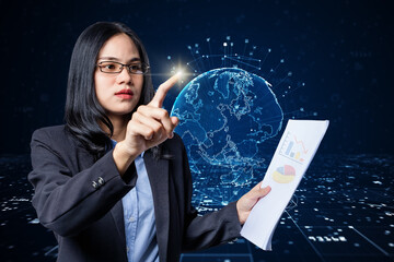 Young business woman holds paper in hand finger touching light market report big data analysis technology Processing complex data streams on intelligent technology background.