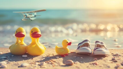 summer holidays with a child near the sea an airplane, toy ducks, children shoes and a heart symbolizing the love of summer