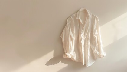 A minimalist composition of a white cotton shirt, perfectly ironed and floating against a soft beige background