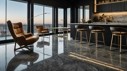 Fototapeta premium Smooth granite flooring with designer chairs in an open concept living space