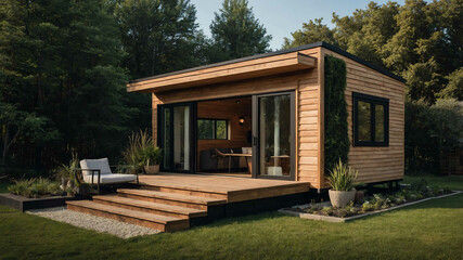 Fototapeta premium Tiny house with a minimalist wooden facade and a small garden