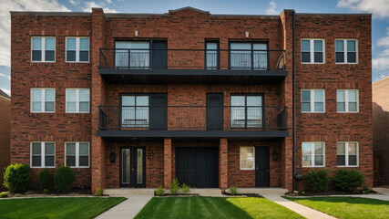 Suburban duplex with brick walls and symmetrical balconies