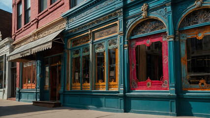 Victorian inspired storefront with ornate trim and colorful window displays