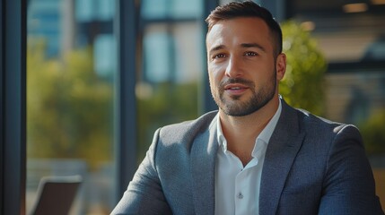 Obraz premium Businessman in an elegant suit, confidently speaking during an interview meeting in a modern corporate office space