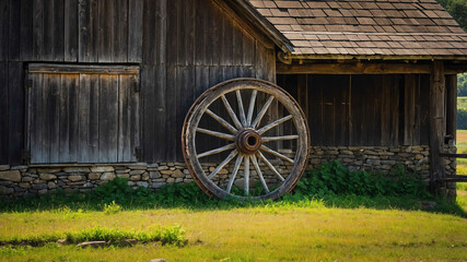 Obraz premium Wooden wagon wheel leaning against a stone barn in a countryside setting