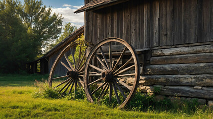 Obraz premium Wooden wagon wheel leaning against a stone barn in a countryside setting