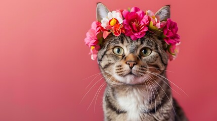 tabby white shorthair cat wearing beautiful flower crown on head looking at camera portrait on burgundy isolated on colorful background