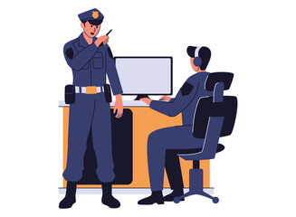 A flat illustration of a police officer in an office, surrounded by various office supplies. The officer appears to be working on a case