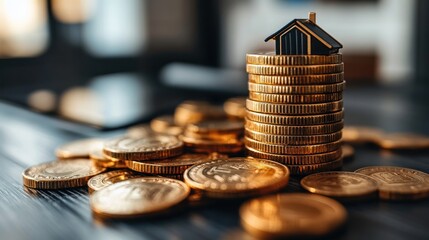 Stacked coins with a miniature house, symbolizing real estate investment.