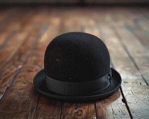 A minimalist image of a classic black bowler hat resting on a polished wooden surface