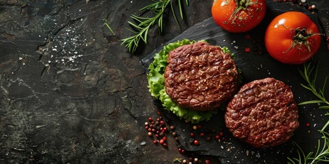 Aerial perspective of beef burger patties on a stone surface.