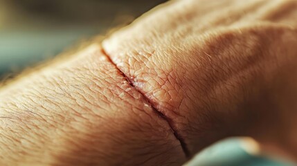 Fototapeta premium Close-up view of a scar on a human arm, showing the texture of the skin and the healing process of a previous injury.