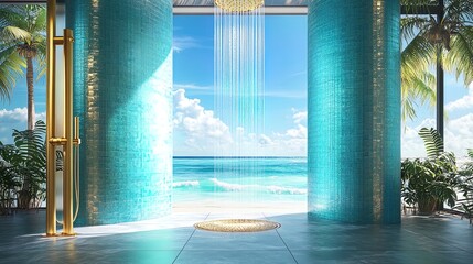 Transform Your Space with a Stunning Poster: Experience a Luxurious Shower Scene Featuring Golden Fixtures, Aqua Tiles, and Panoramic Beach Views in a Tropical Paradise!