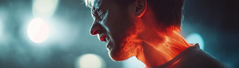 Intense portrait of a man experiencing pain, highlighted by dramatic lighting and a vivid color contrast, capturing raw emotion.