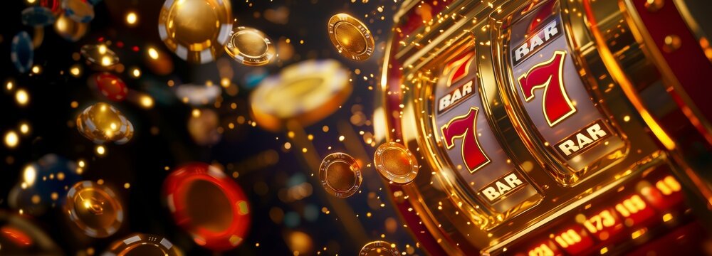 Casino slot machine jackpot winner, big win 777 casino slots with casino chips illustration in gold background concept. Generative AI