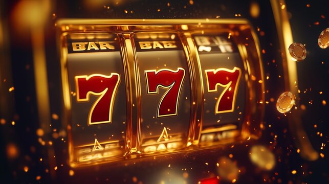 Casino slot machine jackpot winner, big win 777 casino slots with casino chips illustration in gold background concept. Generative AI