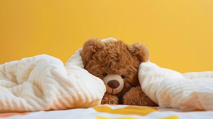 teddy bear brown bear lies under a white blanket isolated on colorful background