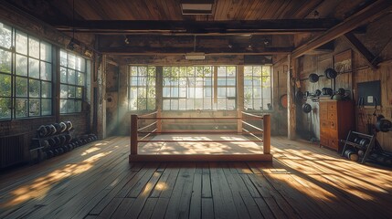 A photo of an empty boxing ring in a quiet, rustic gym with wooden beams and vintage equipment, bathed in warm sunlight from a nearby window