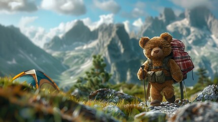 teddy bear hiking and camping in mountains