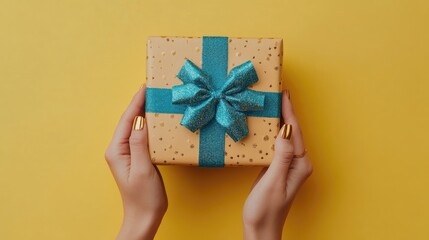 Hands holding a yellow gift box with a teal ribbon and bow on a yellow background.