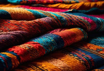 Fototapeta premium close view textile featuring vibrant patterns rich colors intricate designs textures, artwork, beautiful, background, textiles, fabric, material, craft