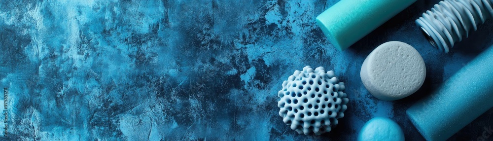 Poster a vibrant arrangement of abstract objects showcasing various textures and colors, perfect for modern