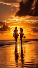 Couple walking on the beach at sunset, silhouette romance. Romantic getaway and love concept