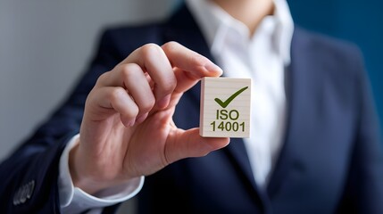 A businessman holding a small wooden block with a green checkmark and 'ISO 14001' written on it. ISO 14001 certified, iso 14001 environmental management system