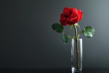Fototapeta premium A minimalist image of a single red rose in a thin glass vase on a black table