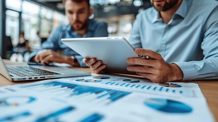 Businessmen working together with a tablet and laptop, analyzing financial data and strategizing for business growth in an office room. The business team is using digital technology to discuss their m