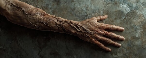 An aged, textured human hand resting on a cold stone surface, showcasing dramatic skin details and an eerie atmosphere.