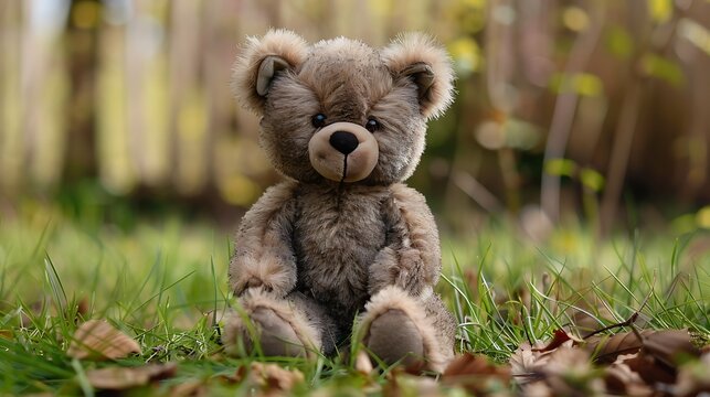 Teddy bear made by natural mink sitting on a grass