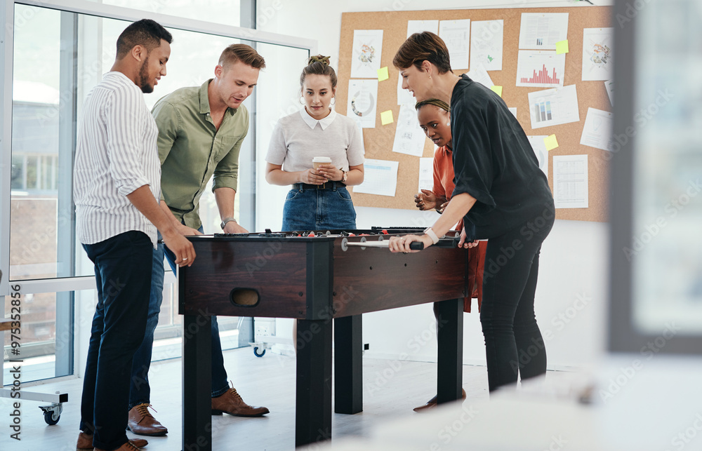 Wall mural happy people, foosball or playing with game for team building or bonding together at office. young, 