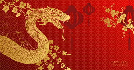 Chinese new year background with free copy space. Snake's shio in gold and red 2025 lunar new year.
