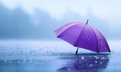 A minimalist image of a single, vibrant purple umbrella open on a rainy day