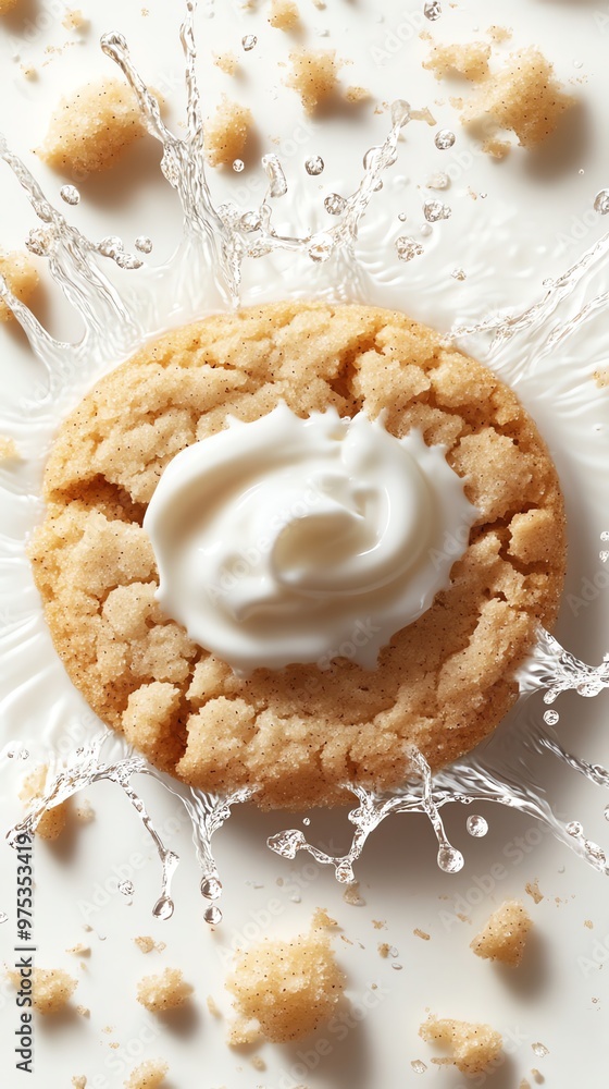 Poster close up of a cookie with a swirl of frosting, surrounded by a splash of milk.
